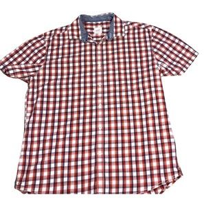 CODE men's L 42cm button down short sleeve gingham blue red white 100% cotton